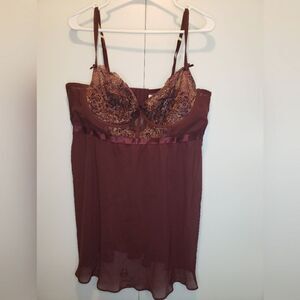 Lane Bryant Cacique Burgundy & Gold Lace Babydoll Lingerie Nightgown 42DD